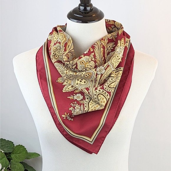 Large Burgundy and Gray Bold Floral 25" Square Silky Statement Scarf Vintage 70s - Picture 1 of 5